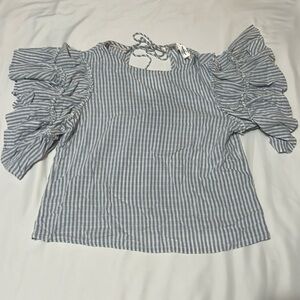 Chelsea & Theodore Striped Seersucker Ruffle Sleeve Blouse
